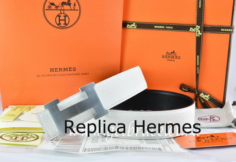 Luxury Hermes Reversible Belt White/Black Togo Calfskin With 18k Silver H Buckle