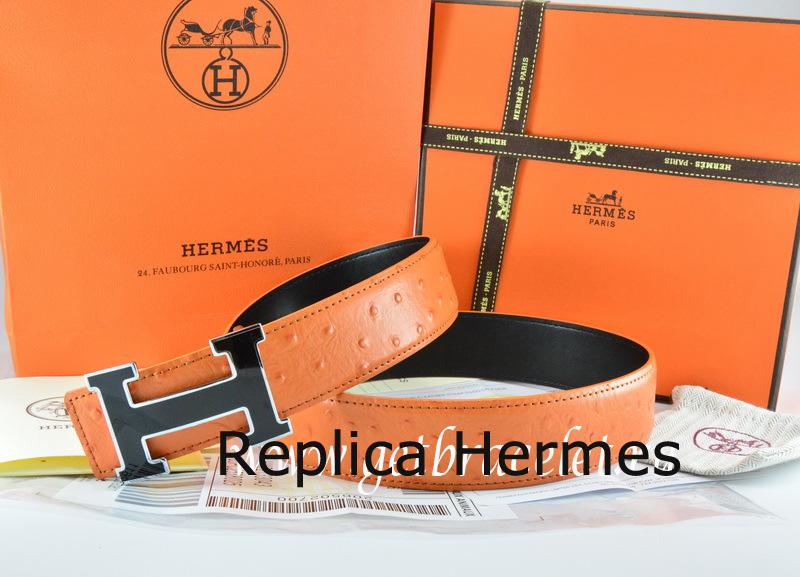 Perfect Hermes Reversible Belt Orange/Black Ostrich Stripe Leather With 18K Black Gold Width H Buckle