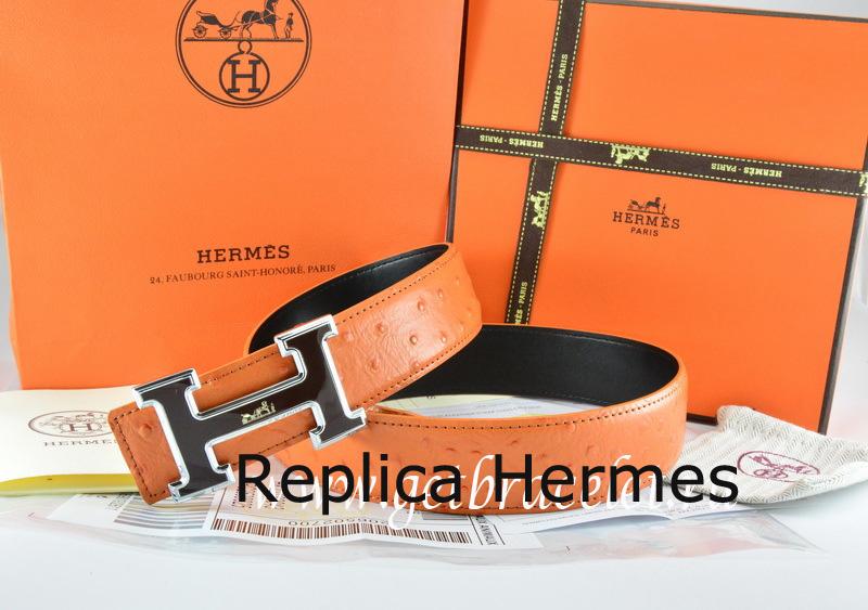1:1 Knockoff Hermes Reversible Belt Orange/Black Ostrich Stripe Leather With 18K Black Silver White Logo H Buckle