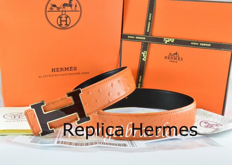 Hermes Reversible Belt Orange/Black Ostrich Stripe Leather With 18K Black Silver Width H Buckle Replica