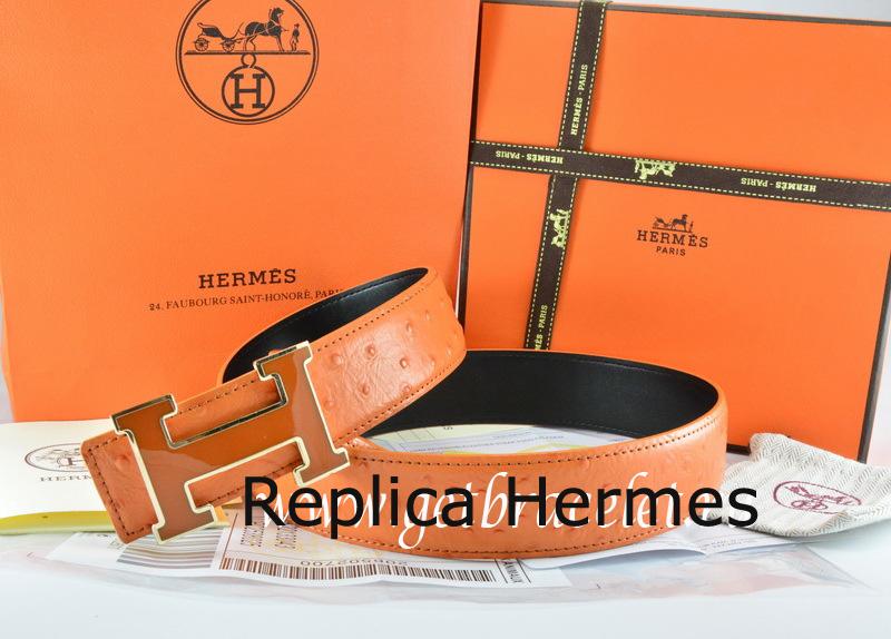 Hermes Reversible Belt Orange/Black Ostrich Stripe Leather With 18K Brown Gold Width H Buckle