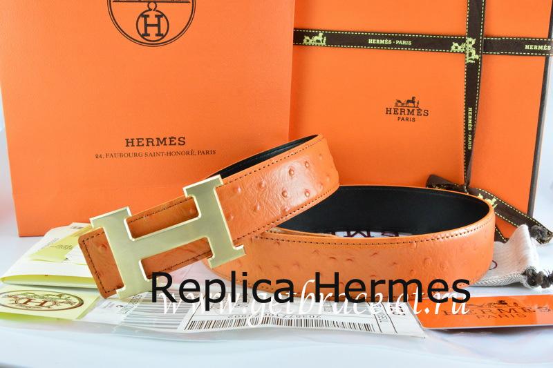 Hermes Reversible Belt Orange/Black Ostrich Stripe Leather With 18K Drawbench Gold H Buckle