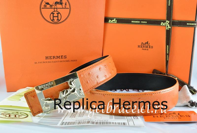 Hermes Reversible Belt Orange/Black Ostrich Stripe Leather With 18K Gold Coach Buckle Replica