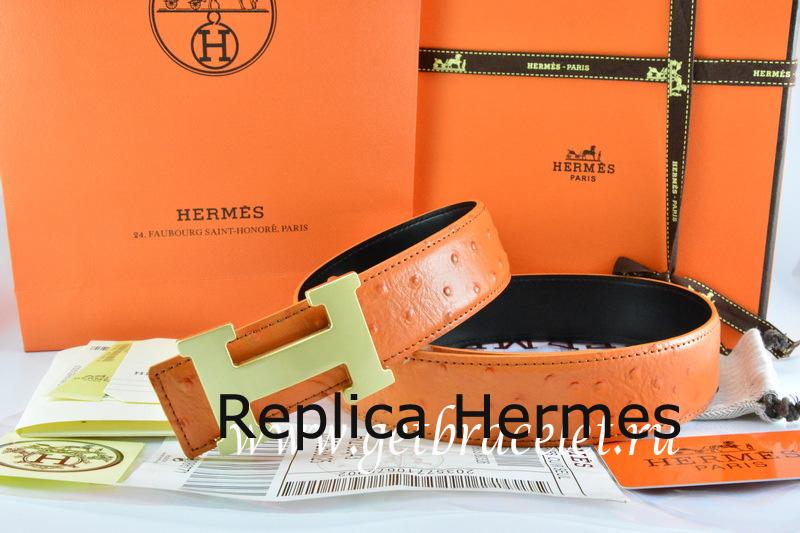 Hermes Reversible Belt Orange/Black Ostrich Stripe Leather With 18K Gold H Buckle