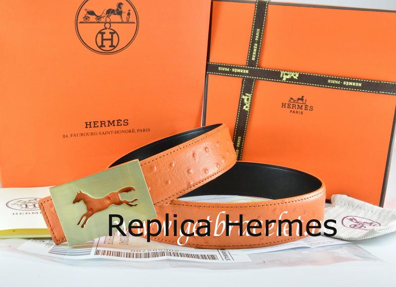 Wholesale Hermes Reversible Belt Orange/Black Ostrich Stripe Leather With 18K Gold Hollow Horse Buckle