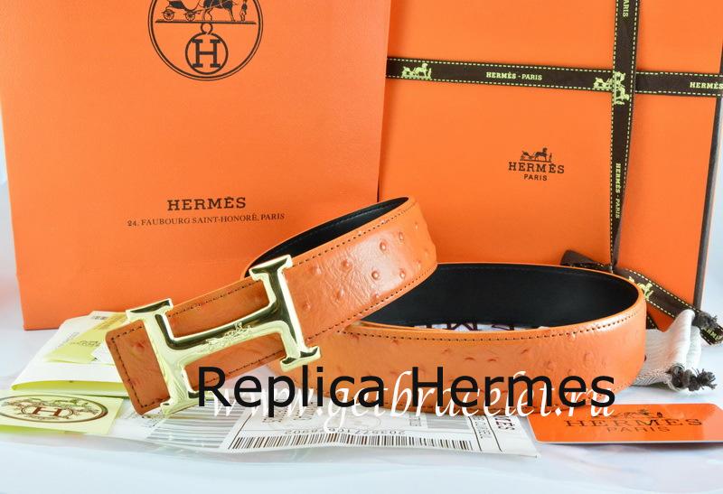 Hermes Reversible Belt Orange/Black Ostrich Stripe Leather With 18K Gold Idem With Logo Buckle
