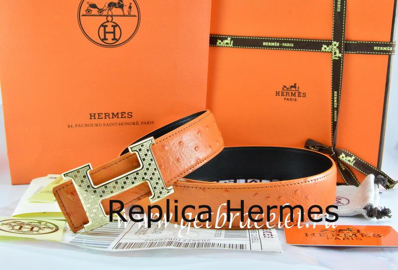 Perfect Knockoff Hermes Reversible Belt Orange/Black Ostrich Stripe Leather With 18K Gold Spot Stripe H Buckle