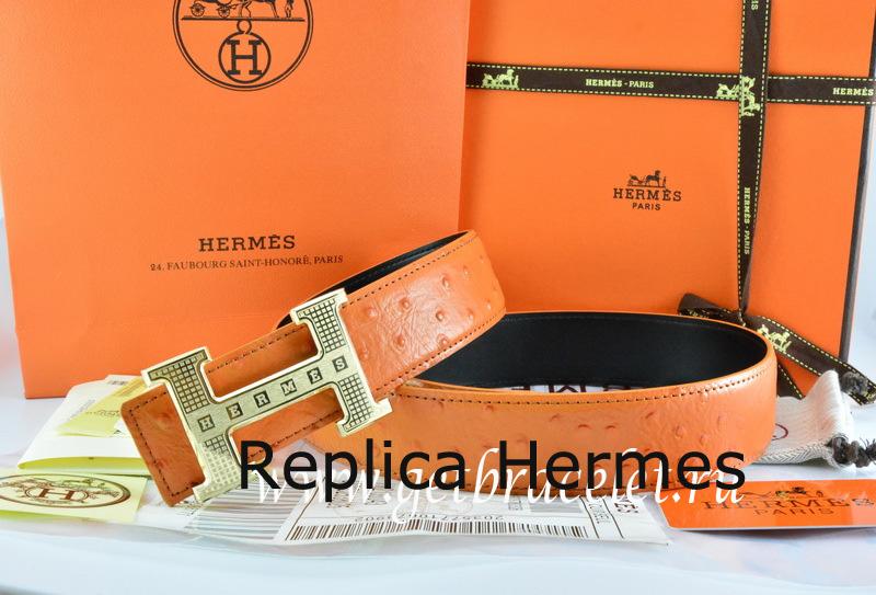 Cheap Hermes Reversible Belt Orange/Black Ostrich Stripe Leather With 18K Gold Stripe Logo H Buckle