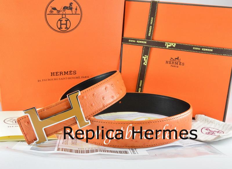 Hermes Reversible Belt Orange/Black Ostrich Stripe Leather With 18K Orange Silver Narrow H Buckle Replica
