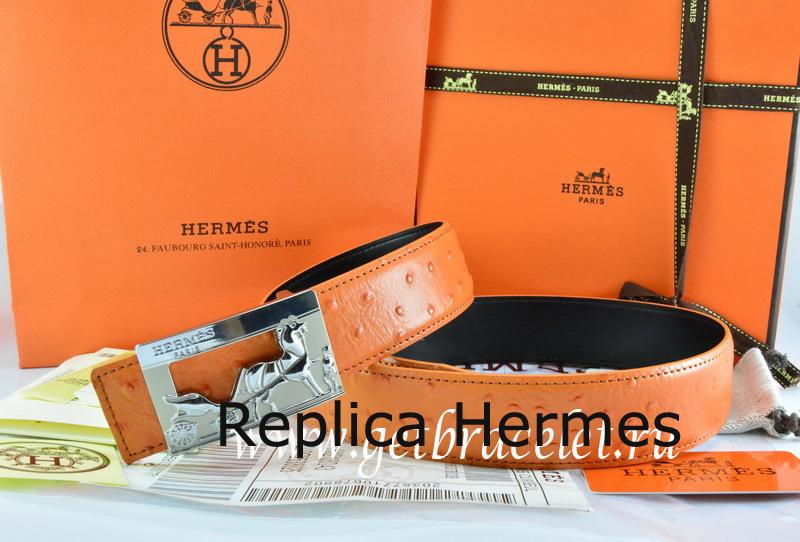 Replica Cheap Hermes Reversible Belt Orange/Black Ostrich Stripe Leather With 18K Silver Coach Buckle