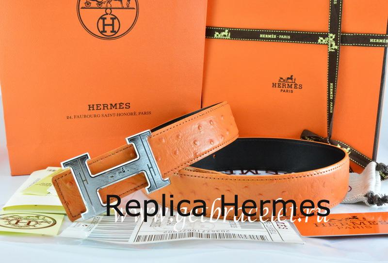 Replica High End Hermes Reversible Belt Orange/Black Ostrich Stripe Leather With 18K Silver Geometric Stripe H Buckle