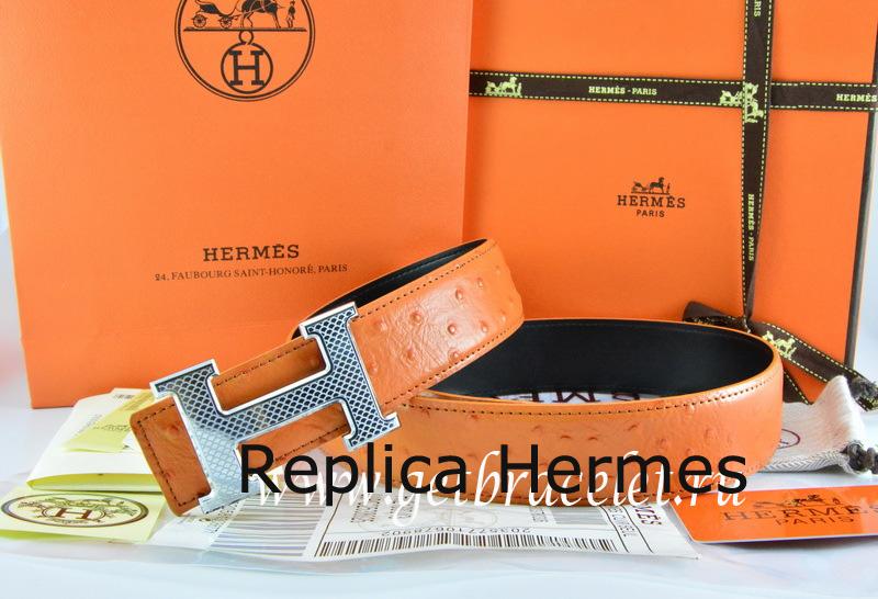 Hermes Reversible Belt Orange/Black Ostrich Stripe Leather With 18K Silver Wave Stripe H Buckle Replica