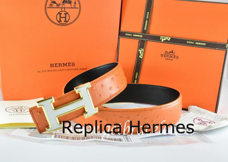 Luxury Replica Hermes Reversible Belt Orange/Black Ostrich Stripe Leather With 18K White Gold H Buckle