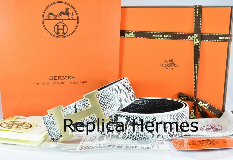 Hermes Reversible Belt White/Black Snake Stripe Leather With 18K Drawbench Gold H Buckle Replica