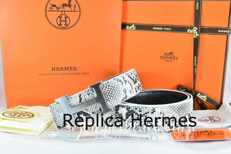 Hermes Reversible Belt White/Black Snake Stripe Leather With 18K Drawbench Silver H Buckle Replica