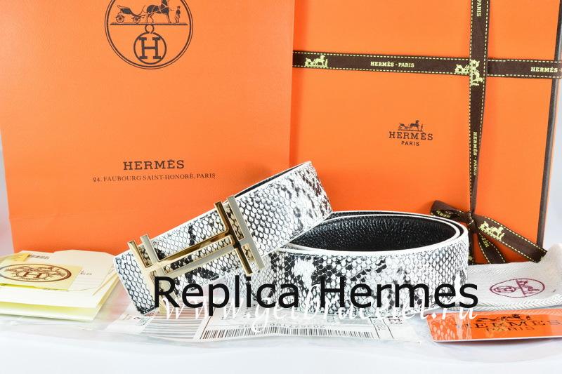 Hermes Reversible Belt White/Black Snake Stripe Leather With 18K Gold H Au Carre Buckle Replica