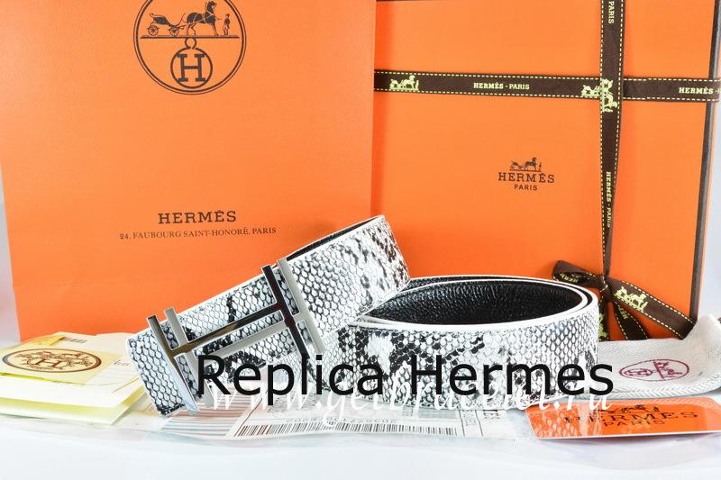 Hermes Reversible Belt White/Black Snake Stripe Leather With 18K Silver H Au Carre Buckle