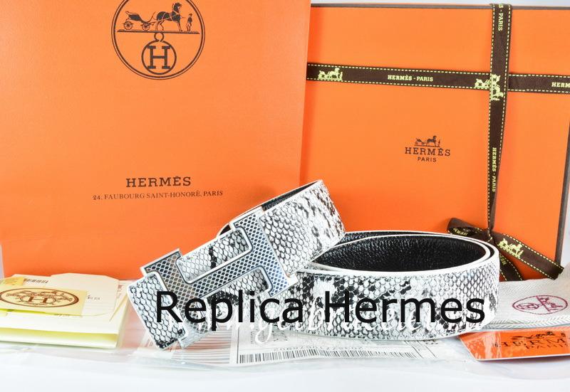 Imitation Hermes Reversible Belt White/Black Snake Stripe Leather With 18K Silver Wave Stripe H Buckle