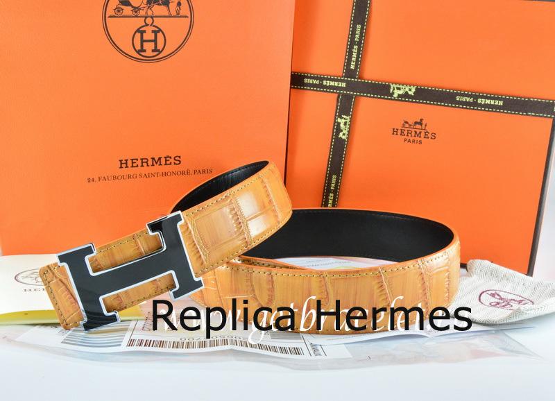 Hermes Reversible Belt Orange/Black Crocodile Stripe Leather With18K Black Silver Width H Buckle