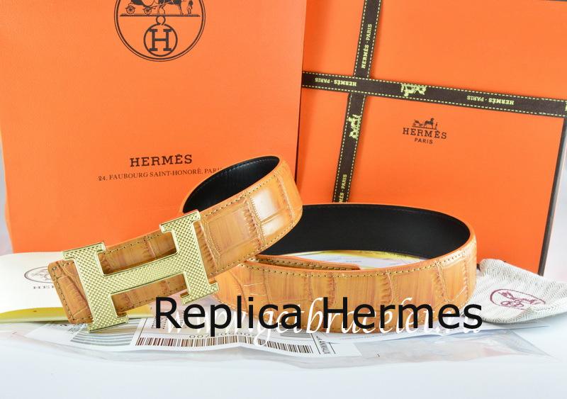Hermes Reversible Belt Orange/Black Crocodile Stripe Leather With18K Gold Wave Stripe H Buckle