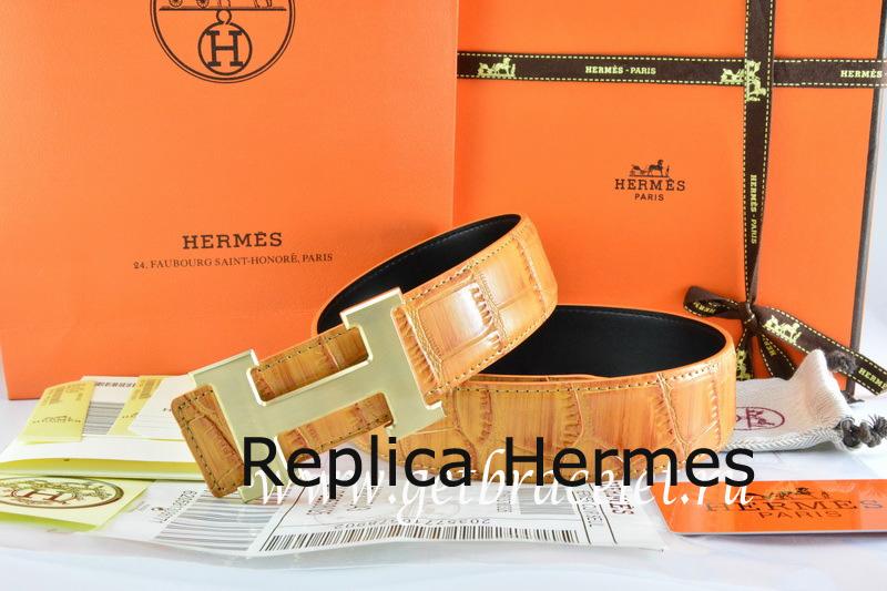 Hermes Reversible Belt Orange/Orange Crocodile Stripe Leather With18K Drawbench Gold H Buckle