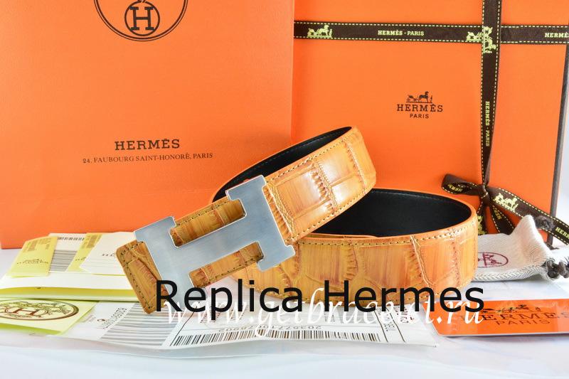 Best Quality Hermes Reversible Belt Orange/Orange Crocodile Stripe Leather With18K Silver H Buckle
