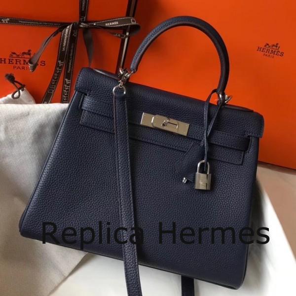 Hermes Navy Blue Clemence Kelly 32cm Retourne Handbag Replica