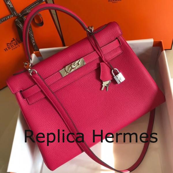 Hermes Rose Red Clemence Kelly 32cm Retourne Handbag