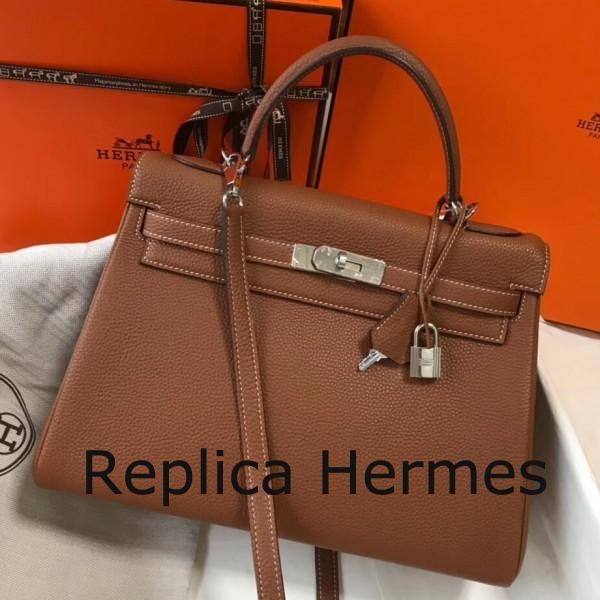 Hermes Brown Clemence Kelly 32cm Retourne Handbag Replica