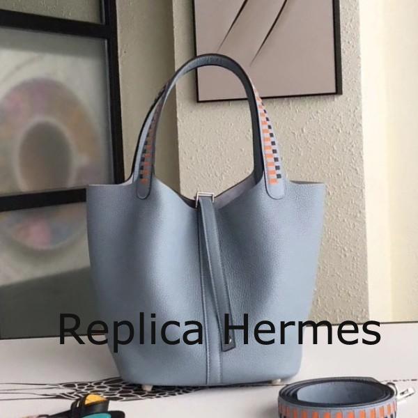 Best Fake Hermes Blue Lin Picotin Lock 22cm Braided Handle Bag