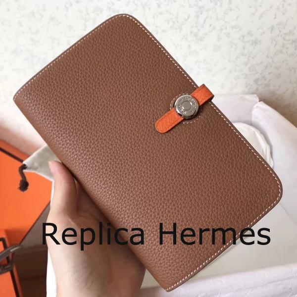 Faux Hermes Bicolor Dogon Duo Wallet In Brown/Orange Leather