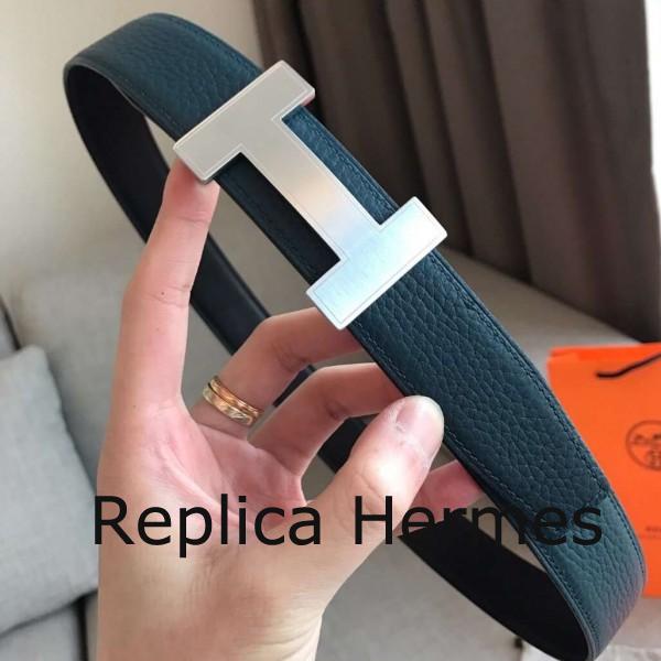 Hermes Quizz 32mm Reversible Belt In Blue Clemence Leather