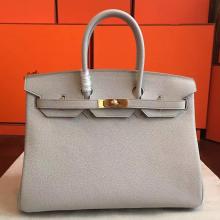 High End Imitation Hermes Pearl Grey Clemence Birkin 35cm Handmade Bag