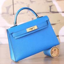 Top Copy Hermes Blue Hydra Chevre Kelly Mini II 20cm Handmade Bag