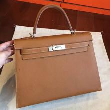 1:1 Imitation Hermes Brown Epsom Kelly 32cm Sellier Handmade Bag