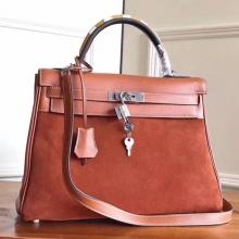 Hermes Brown Suede Kelly 32cm Bag With Zigzag Handle Replica