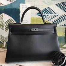 Hermes All Black Box Kelly 32cm Handmade Bag Replica