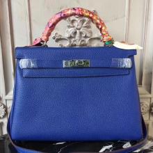 Hermes Blue Electric Clemence Kelly 28cm Bag Replica