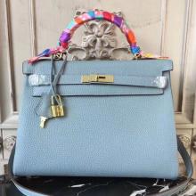 Replica Hermes Blue Lin Clemence Kelly 28cm Bag