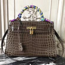 1:1 Replica Hermes Kelly 32cm Bag In Chocolate Crocodile Leather