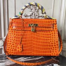 Faux Hermes Kelly 32cm Bag In Orange Crocodile Leather