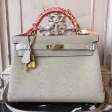 Luxury Hermes Light Grey Clemence Kelly 32cm Retourne Bag