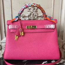 Fake AAA Hermes Rose Red Clemence Kelly 28cm Bag