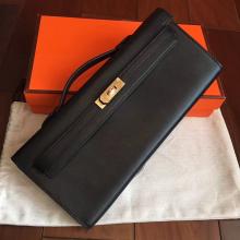 Luxury Fake Hermes Black Swift Kelly Cut Clutch Handmade Bag