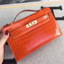 Replica Hermes Orange Kelly Pochette Shiny Niloticus Crocodile Bag