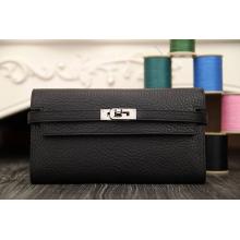 Replica Designer Hermes Kelly Longue Wallet In Black Clemence Leather