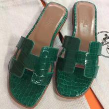 Hermes Green Crocodile Oran Sandals