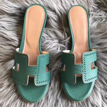 Designer Hermes Oran Perforated Sandals In Malachite Epsom Leather