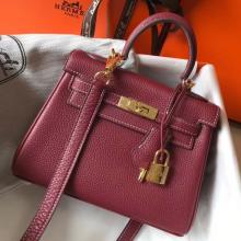 Hermes Mini Kelly 20cm Handbag In Bordeaux Clemence Leather Replica