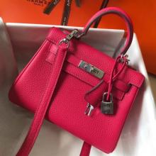 Hermes Mini Kelly 20cm Handbag In Rose Red Clemence Leather